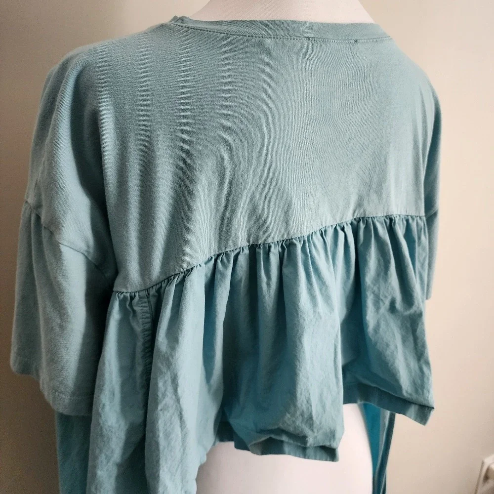 Zara Trafaluc High Low Ruffle Back Tee Womens M Blue Oversized Prairie Shirt Top - Picture 4 of 10